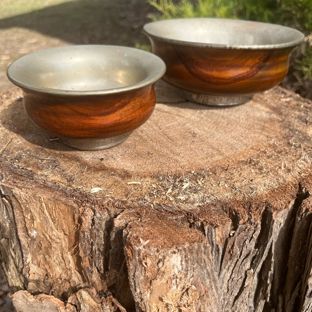Tibetan MAHOGANY Wood and GERMAN SILVER OFFERING Bowls